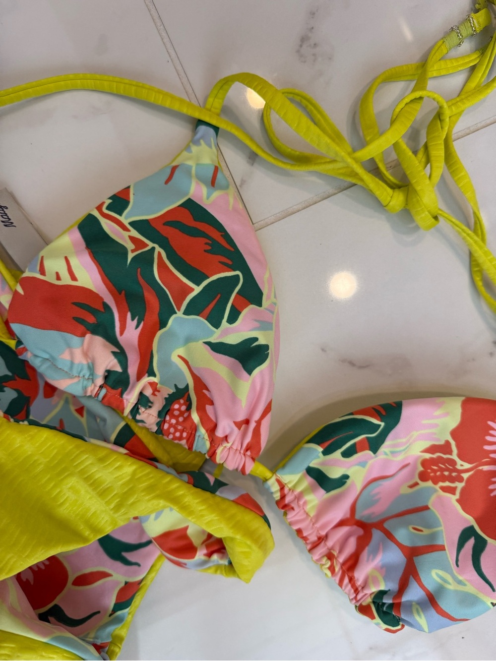 Maaji Neon Yellow Floral Reversible Bikini top M bottoms S - Picture 6 of 7